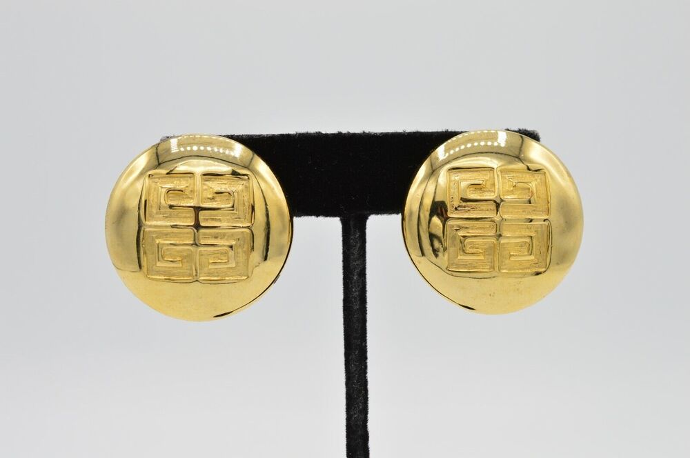 Givenchy Vintage Logo Clip On Earrings 4G Gold Round Chunky Signed 1980s BnS
